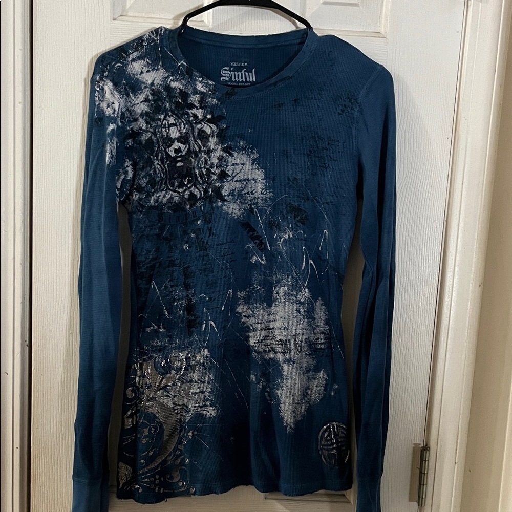Sinful Women's Artistic Blue Long Sleeve Tee